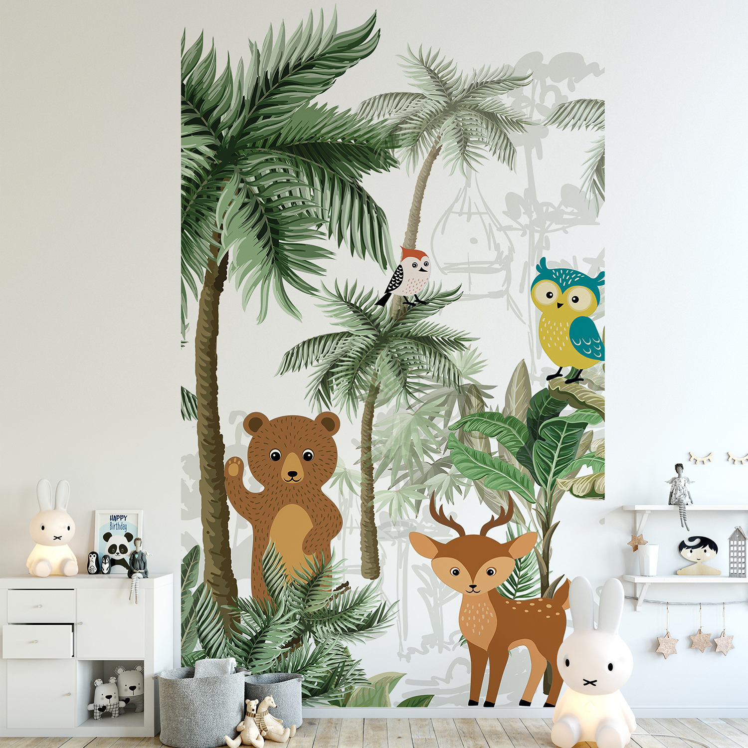 Papier intissé panoramique, 2.50 m x 1.50 m, illustration tendance, coucou le hibou, forêt, design épuré, ambiance tendre et naturelle, idéal chambre d’enfant, customisation simple.