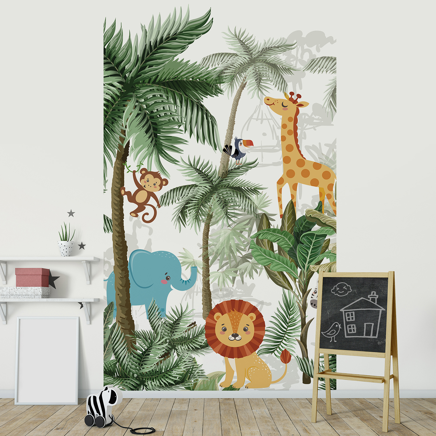 Papier intissé décoratif, customisation simple du mur d’une chambre pour enfant, illustration d’animaux africains, tigre, tigreau, girafe, singe et éléphant, couleurs marron vert et blanc, facile à entretenir.