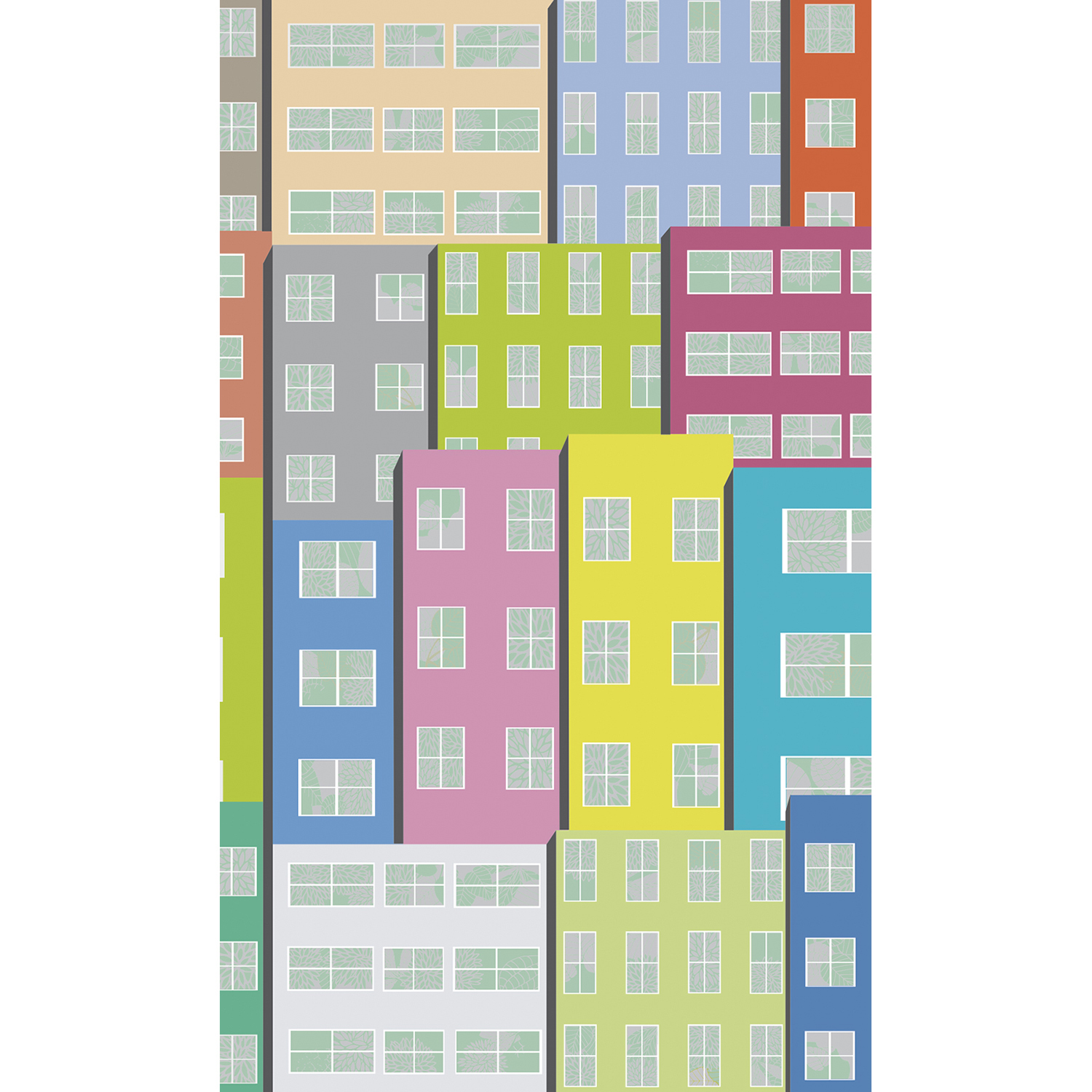 Poster grand format, illustration moderne, style urbain, couleurs du sud, teintes mixtes, façades d’immeubles, fenêtre, 2m50 sur 1m50