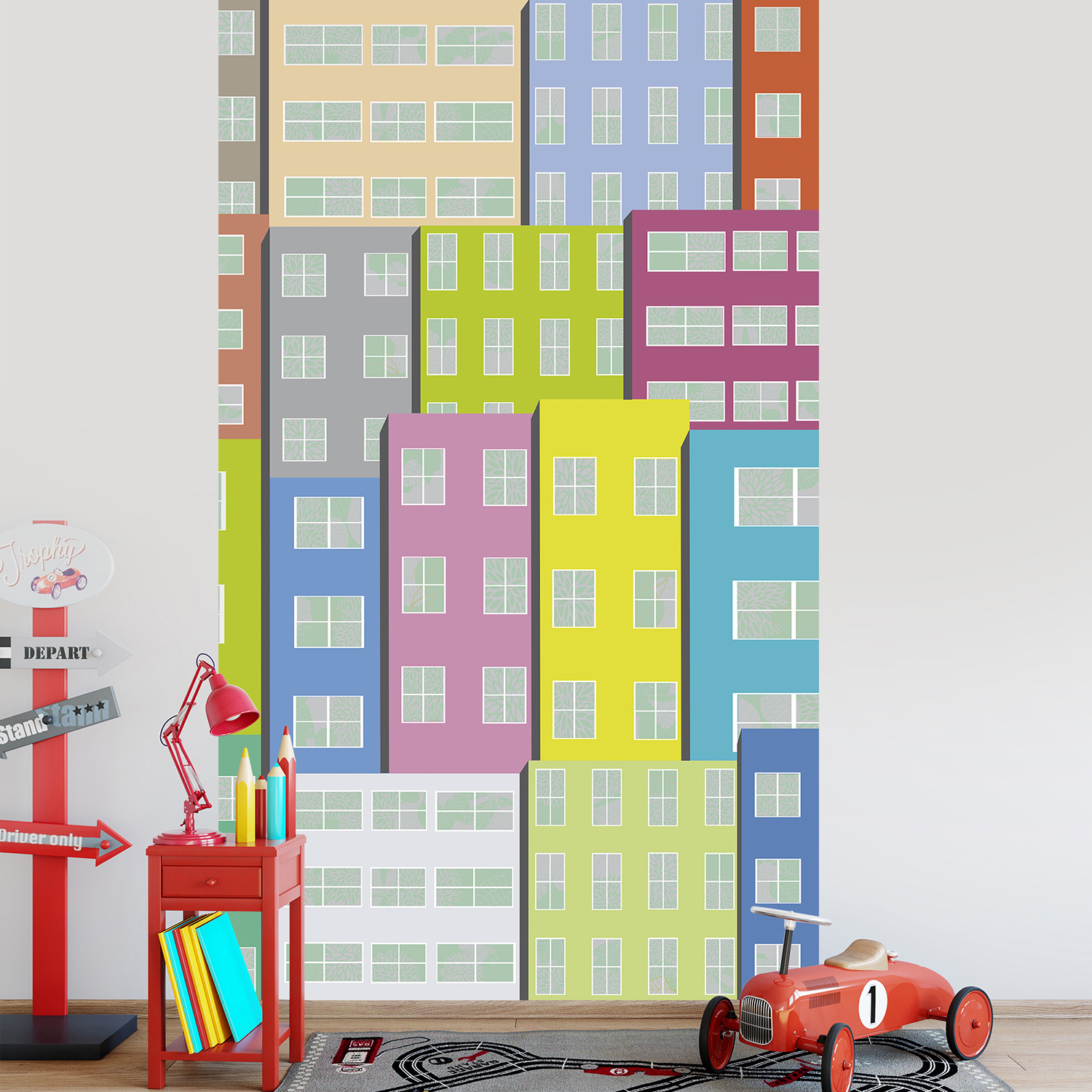 Revêtement mural en papier intissé, panoramique, décoration pour chambre d’enfant, salle de jeu, façades d’immeubles avec fenêtre, couleurs mixtes.