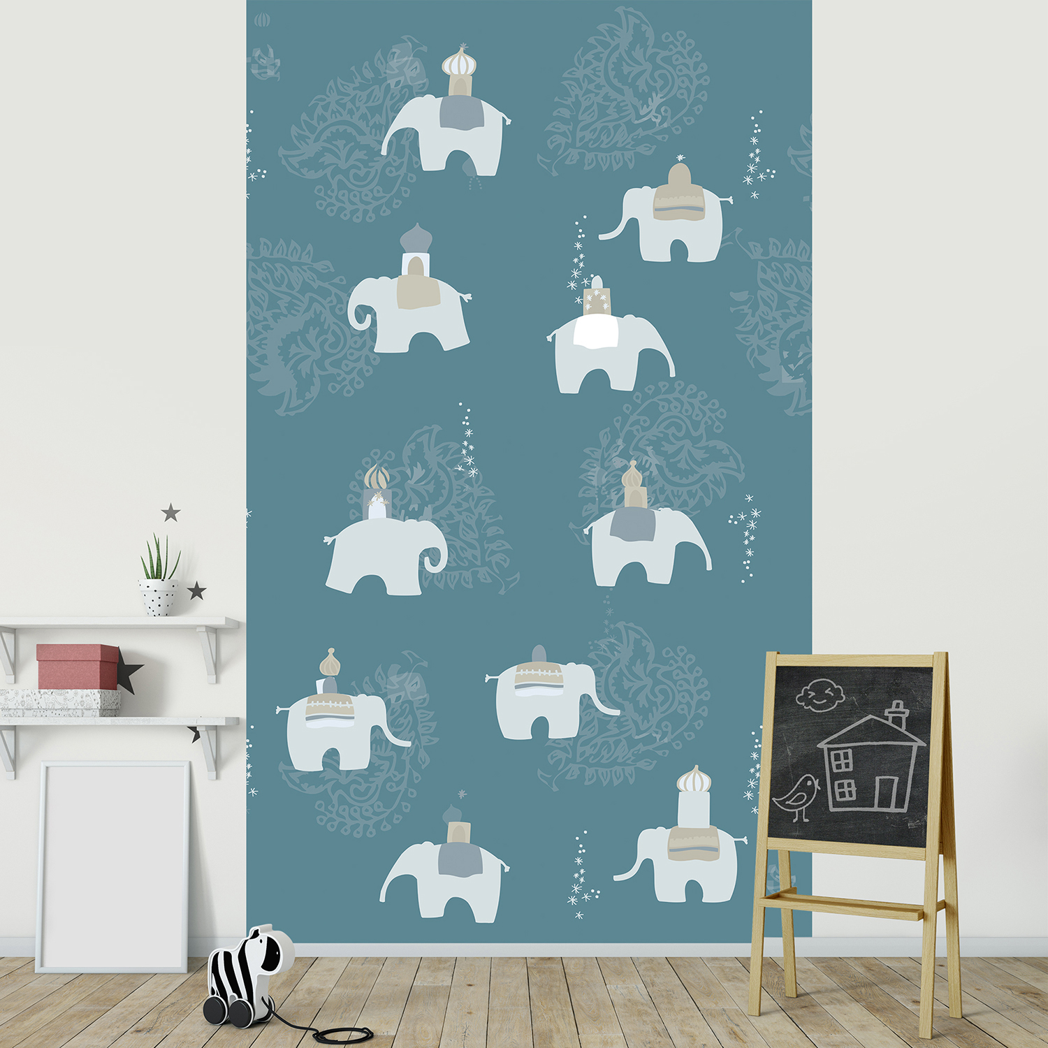 Poster décoratif en papier intissé pour chambre d’enfant ou salle de jeu, couleur tendance, bleu électrique et motifs gris, éléphants d’Inde , illustration inspirée d’Asie.