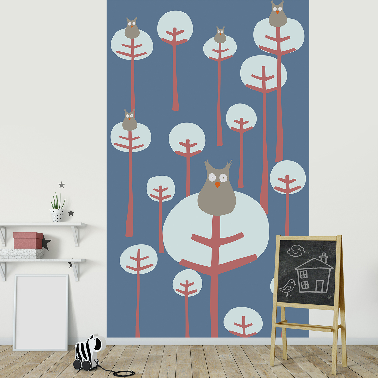 Papier intissé panoramique, 2.50 m x 1.50 m, illustration tendance, coucou le hibou, forêt, design épuré, ambiance tendre et naturelle, idéal chambre d’enfant, customisation simple.