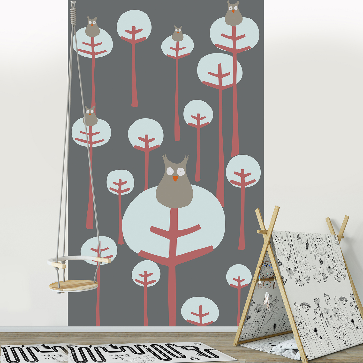 Papier intissé panoramique, 2.50 m x 1.50 m, illustration tendance, coucou le hibou, forêt, design épuré, ambiance tendre et naturelle, idéal chambre d’enfant, customisation simple.