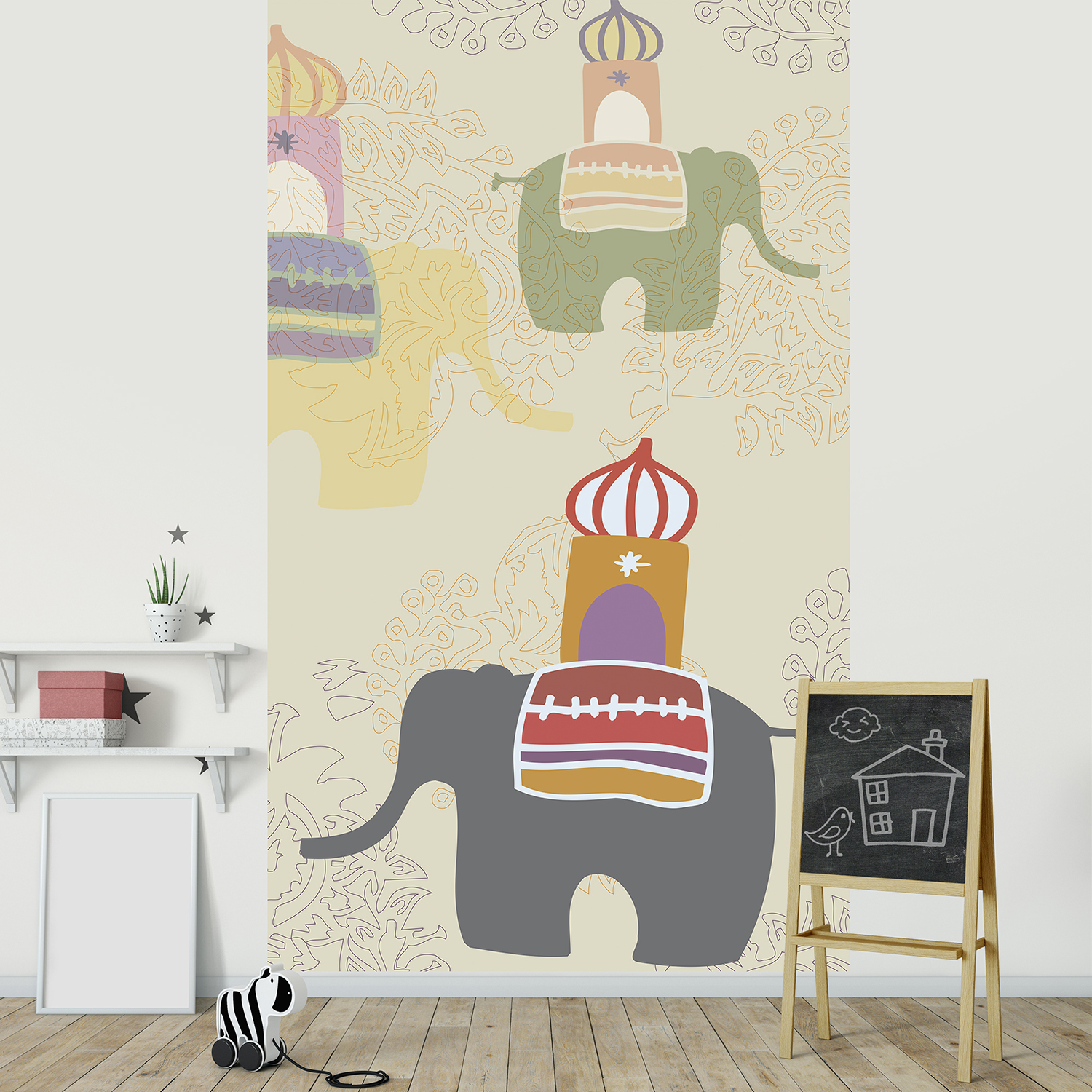 Visuel panoramique, 2.50 m x 1.50 m, papier intissé, qualité, illustration d’un troupeau d’éléphants sur fond beige avec arabesques, magie du décor, douceur du dessin, lavable facilement, idéal chambre bébé.