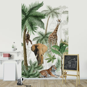 Papier intissé décoratif, customisation simple du mur d’une chambre pour enfant, illustration d’animaux africains, tigre, tigreau, girafe, singe et éléphant, couleurs marron vert et blanc, facile à entretenir.