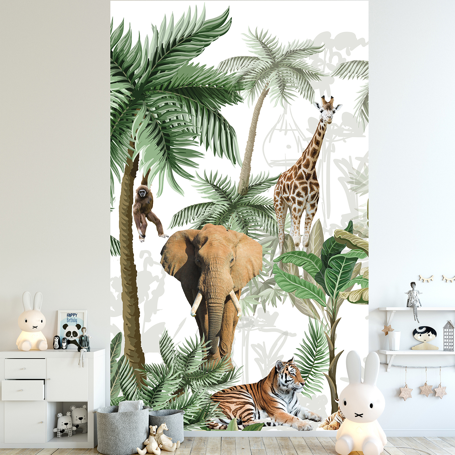 Visuel panoramique, 2.50 m x 1.50 m, papier intissé, qualité, illustration détaillée des animaux de la savane africaine sur fond de végétation exotique, éléphant, tigre, tigreau, girafe et singe, lavable facilement, idéal chambre bébé.