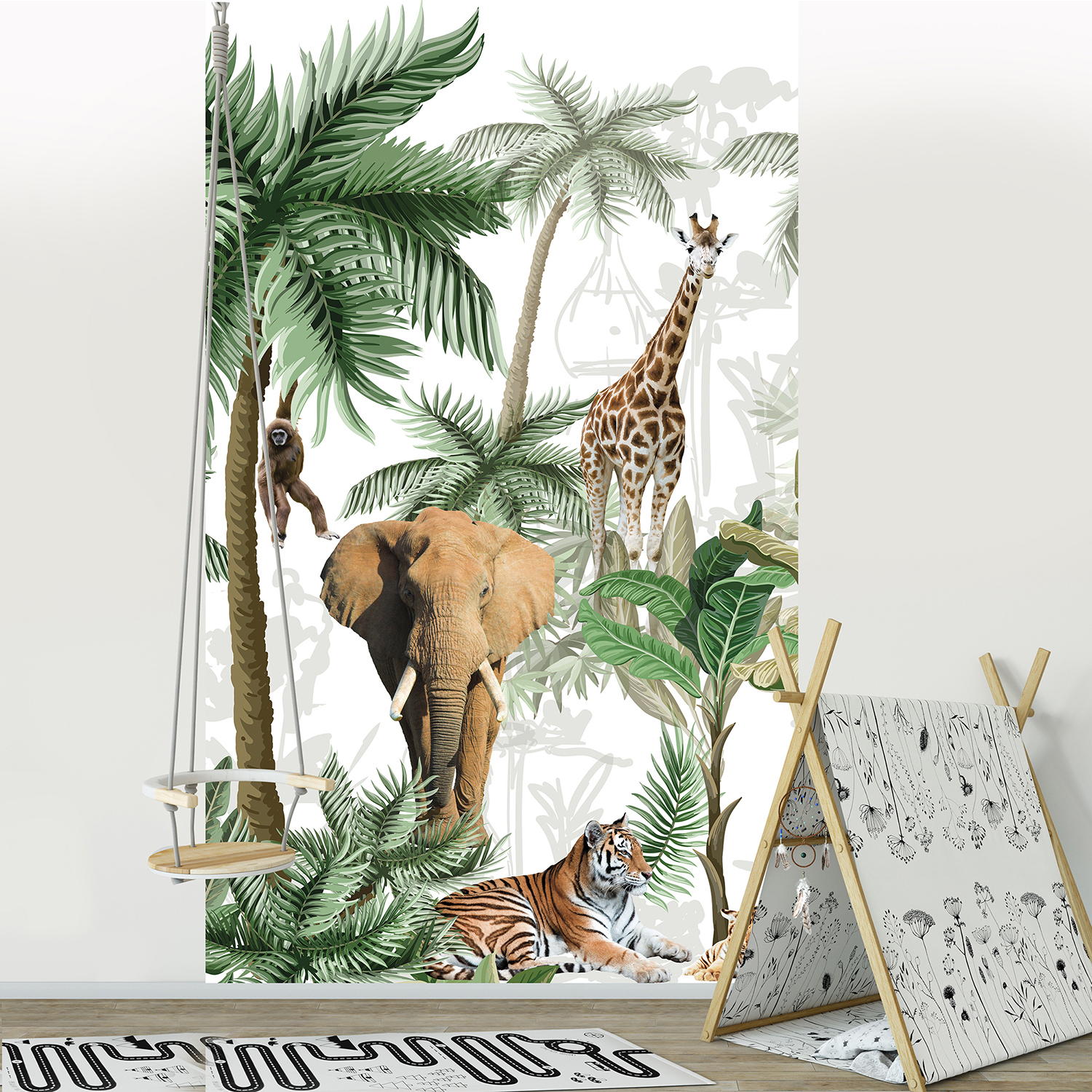 Visuel panoramique en papier intissé, vert, marron et blanc, customisation simple de votre mur, illustration réaliste de cinq animaux de la forêt sur un fond de flore tropicale, idéal pour une chambre d’enfant petits et grands, 2.50 m x 1.50m, ambiance africaine.