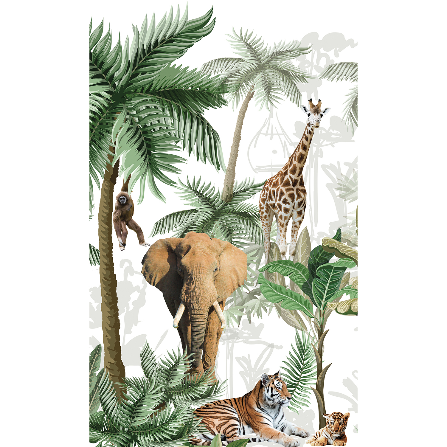 Visuel panoramique, 2.50 m x 1.50 m, papier intissé, qualité, illustration détaillée des animaux de la savane africaine sur fond de végétation exotique, éléphant, tigre, tigreau, girafe et singe, lavable facilement, idéal chambre bébé.
