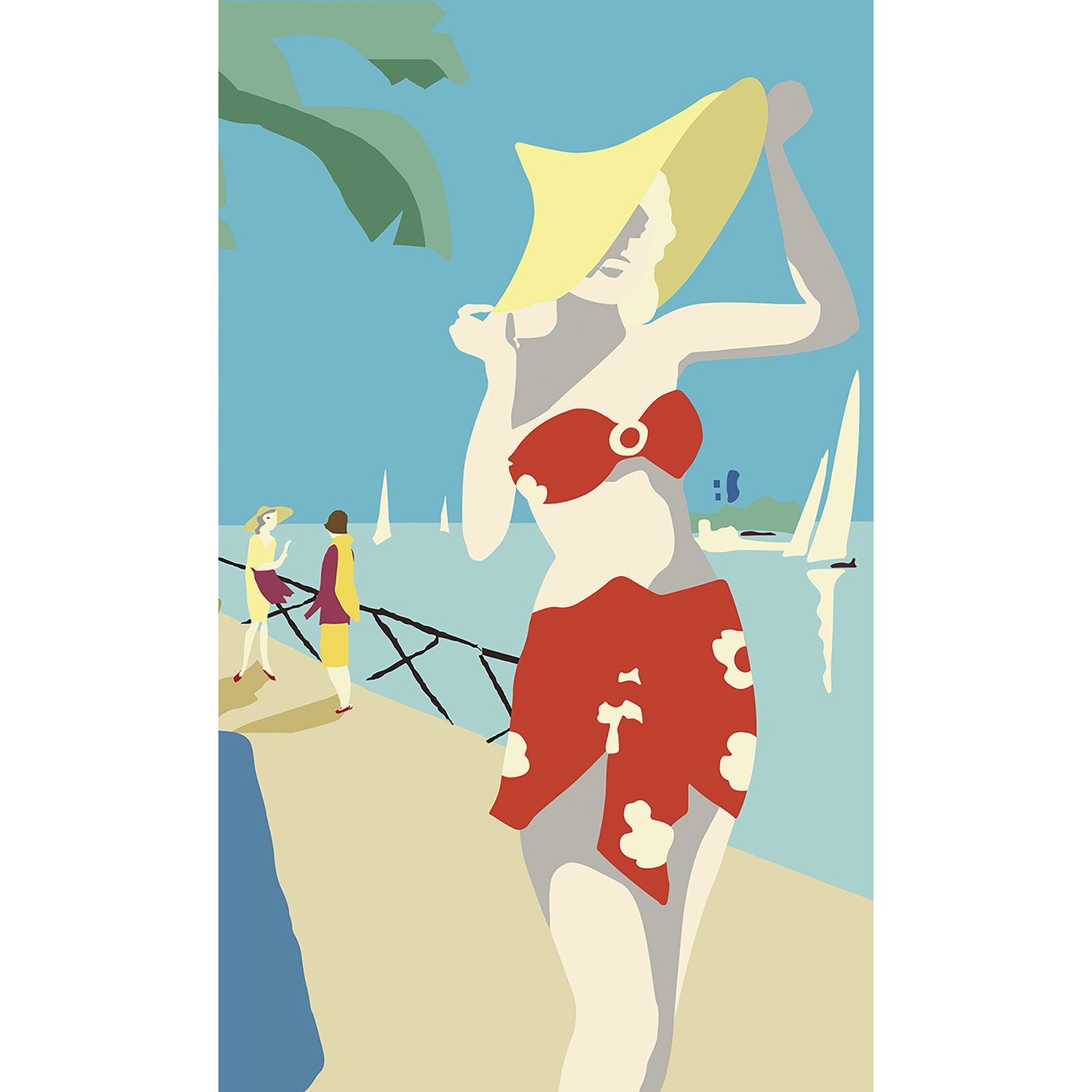 femme au paréo et au chapeau en bord de mer