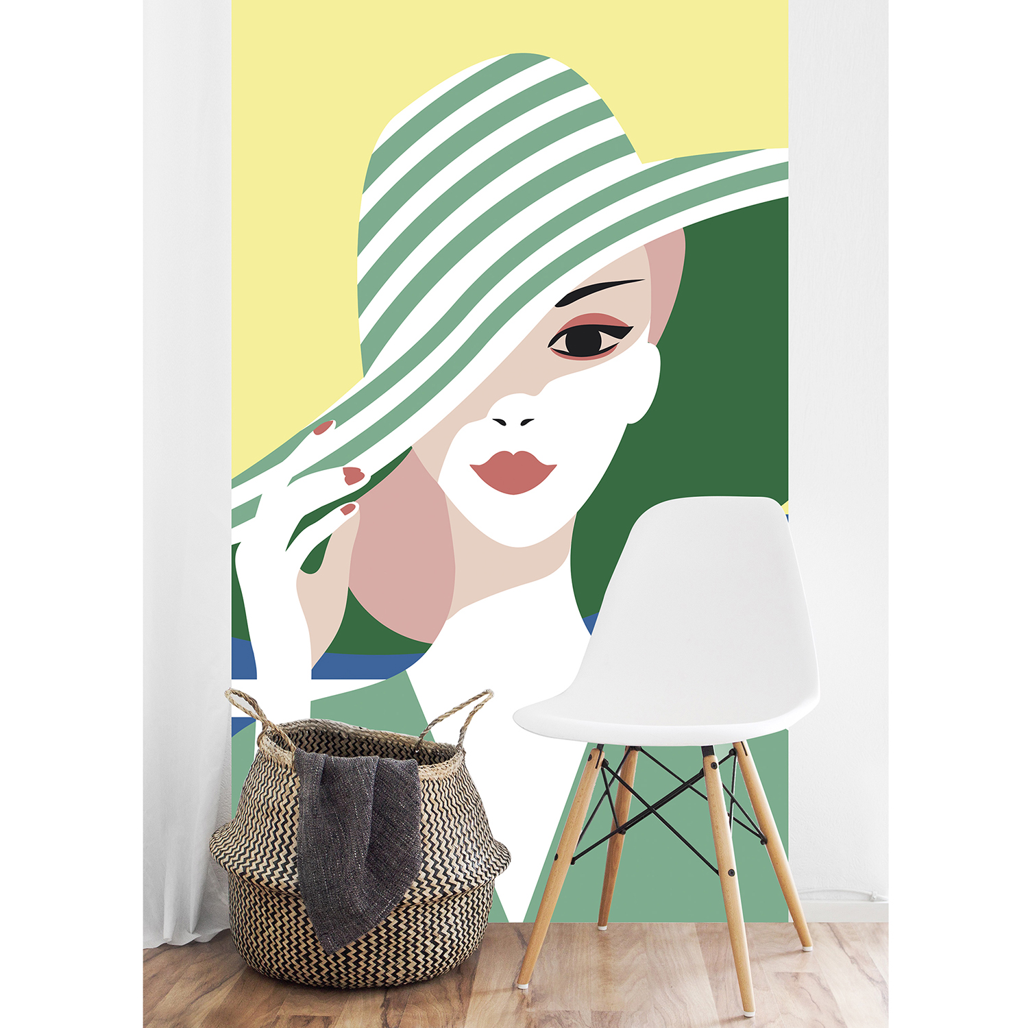 Sticker décoratif, rénovation facile, customisation de votre mur, nouveau look tendance, allure rétro chic, mystérieuse femme au chapeau vert en bord de mer, facile à entretenir, parfait pour une chambre ou un salon.