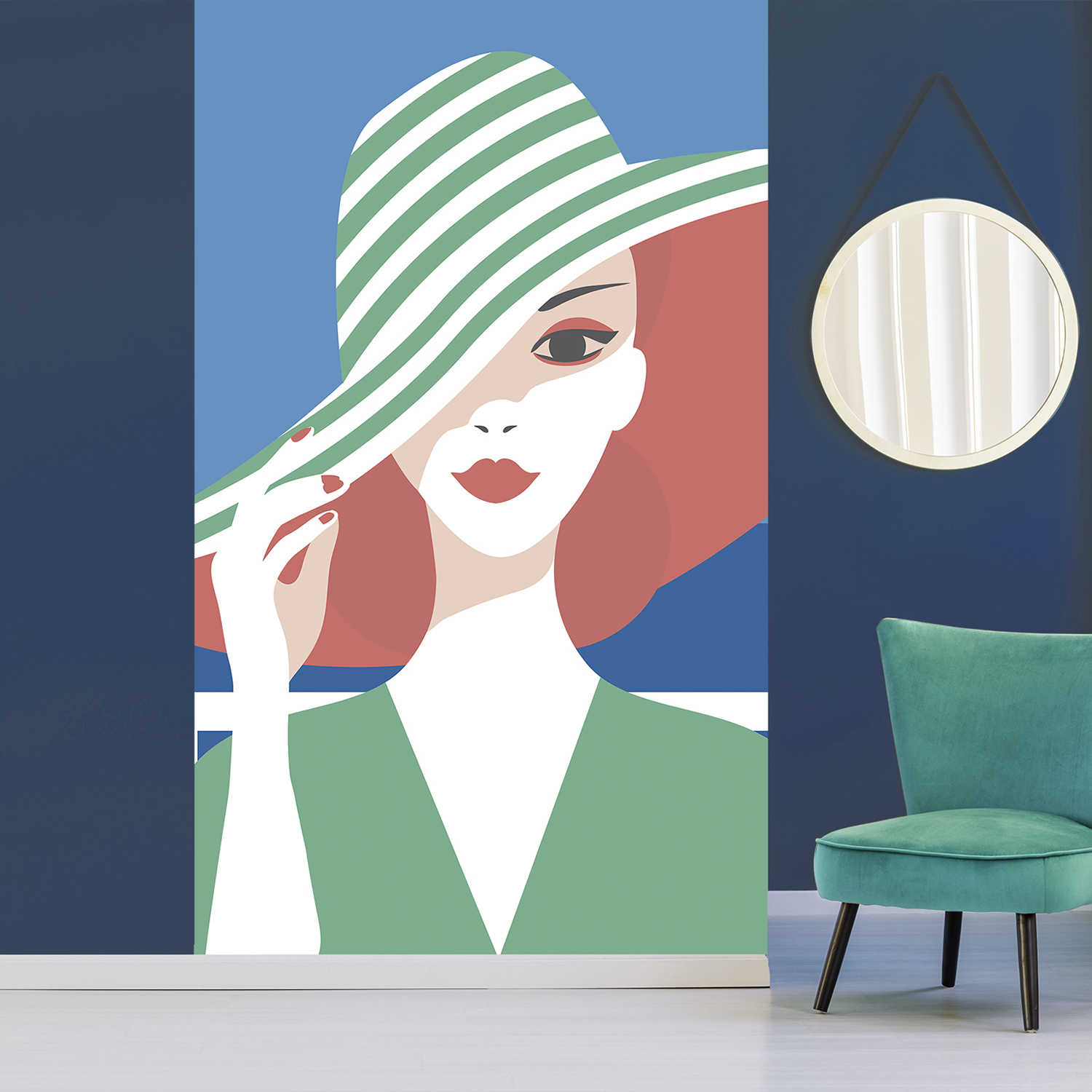 Papier intissé décoratif, customisation simple de votre mur, allure rétro chic, illustration de femme au chapeau rayé vert en bord de mer, facile à entretenir, parfait pour une chambre ou un salon, 2.50m x 1.50m