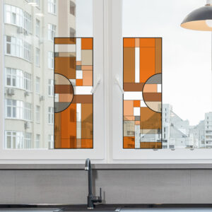Sticker fenêtre, déco vitre effet vitrail, motif géométrique art déco orange, sticker vitre, electrostatique