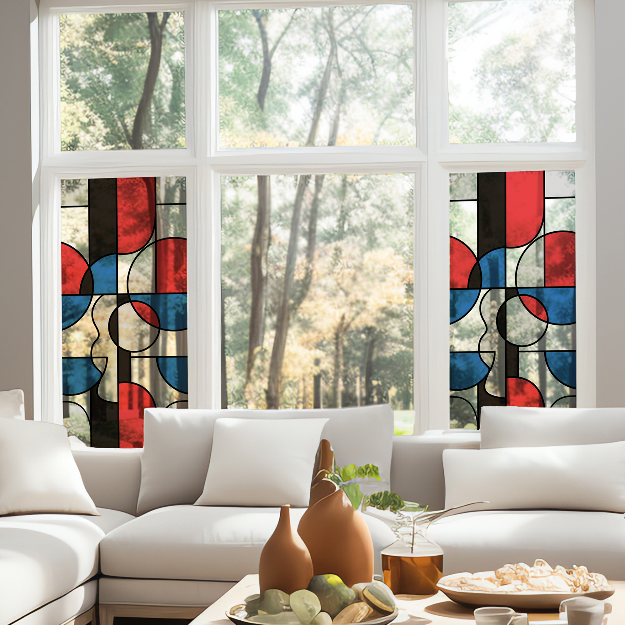 Stickers décoratifs électrostatique - Formes géométriques abstraites, Effet vitrail contemporain, raccordable - 150x67,5 cm