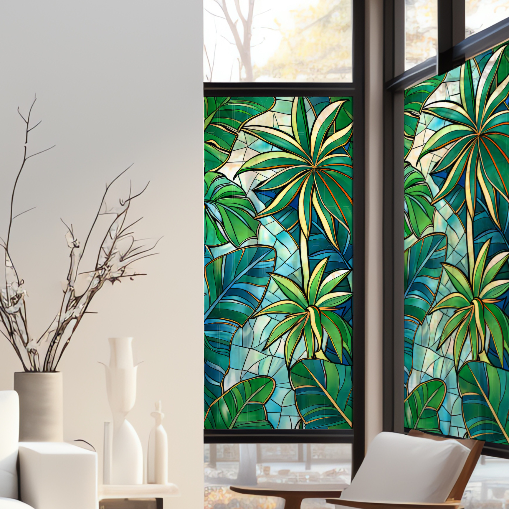 Stickers décoratifs électrostatique - Jungle verdoyante, Effet vitrail - 150x67,5 cm