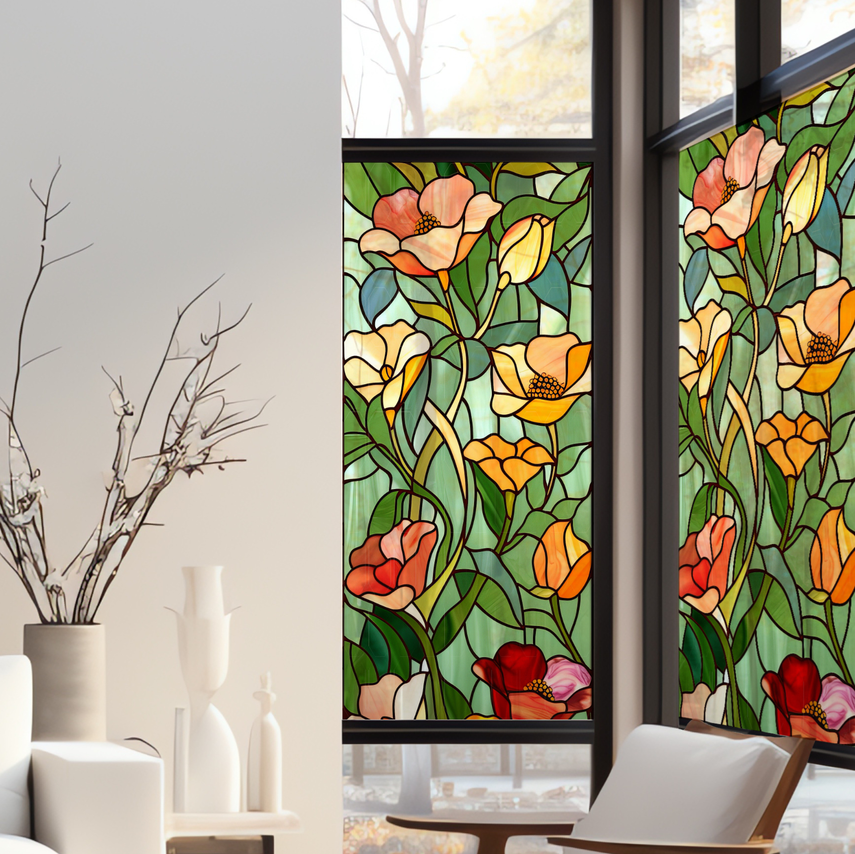 Stickers décoratifs électrostatique - Fleurs typiques, Effet vitrail - 150x67,5 cm