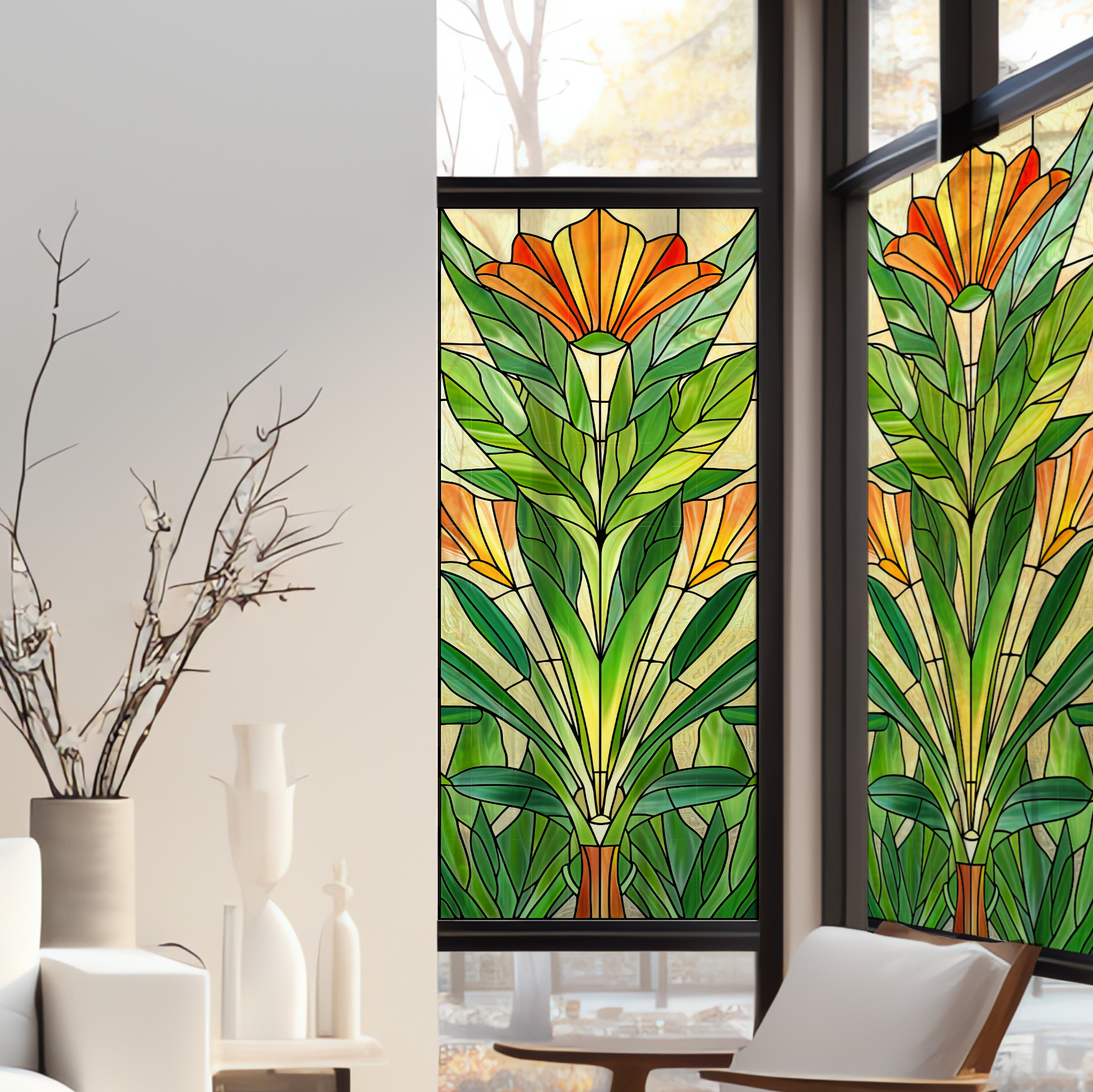 Stickers décoratifs électrostatique - Hibiscus orange et vert, Effet vitrail - 150x67,5 cm