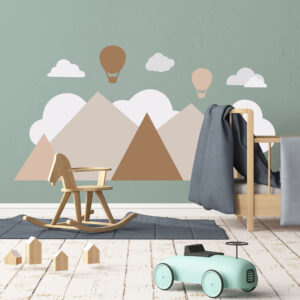 Papier Peint panoramique découpé montagnes et montgolfières beige pour chambre d'enfant