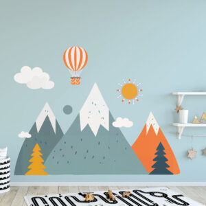 papier peint, papier peint découpé, grand décor, enfant, montagnes, montgolfières