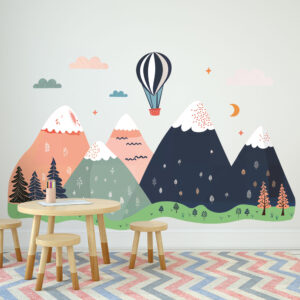 papier peint panoramique, montgolfières, montagnes, enfant