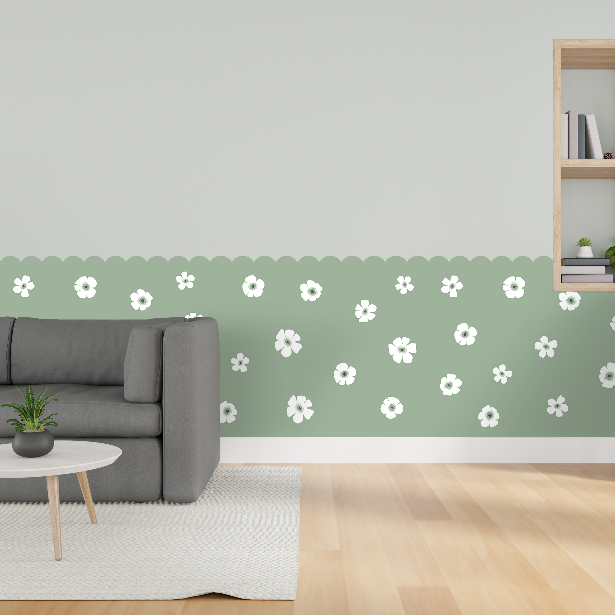 Soubassement papier peint découpé préencollé festonné fleuri vert