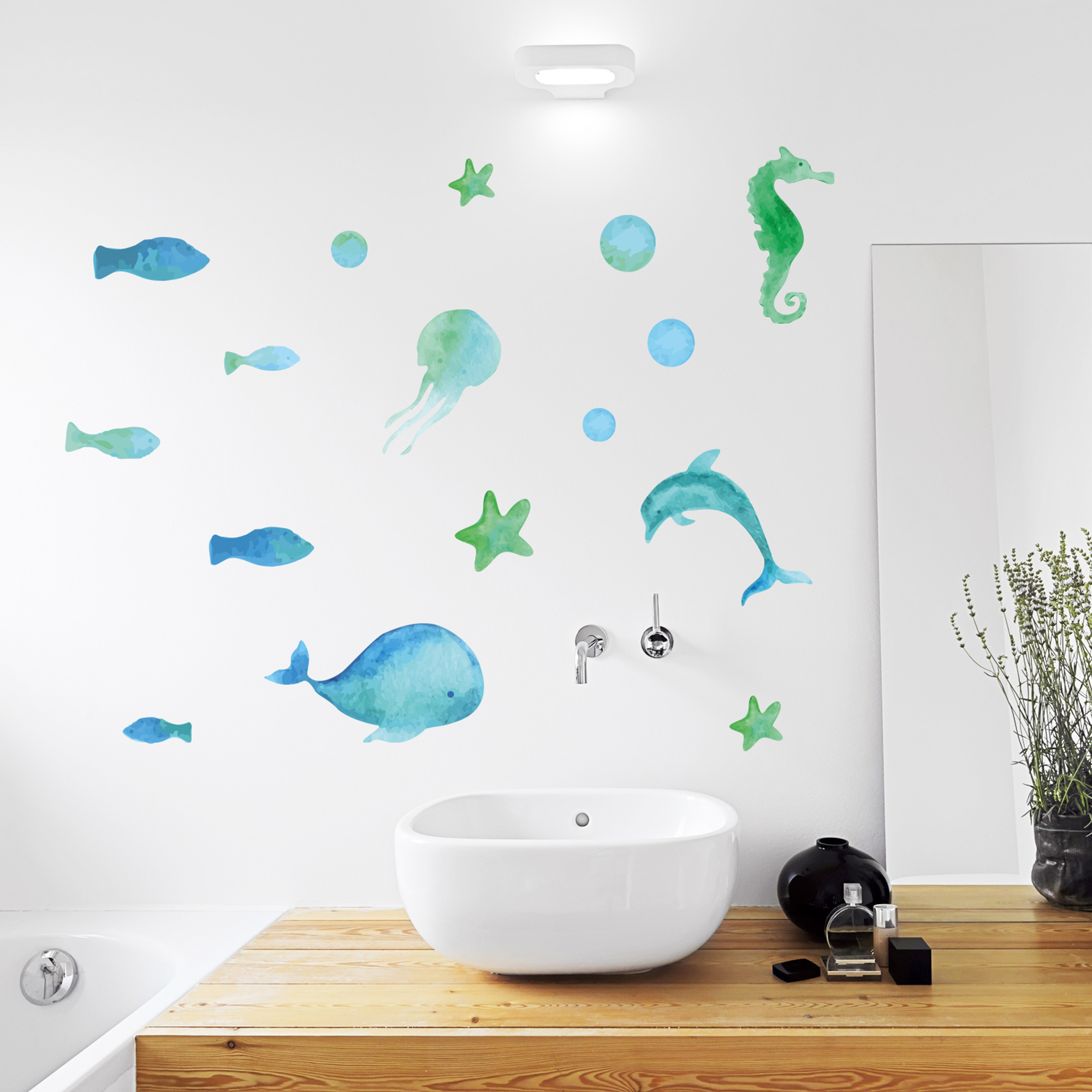 sticker, marin, poissons, bleu et vert