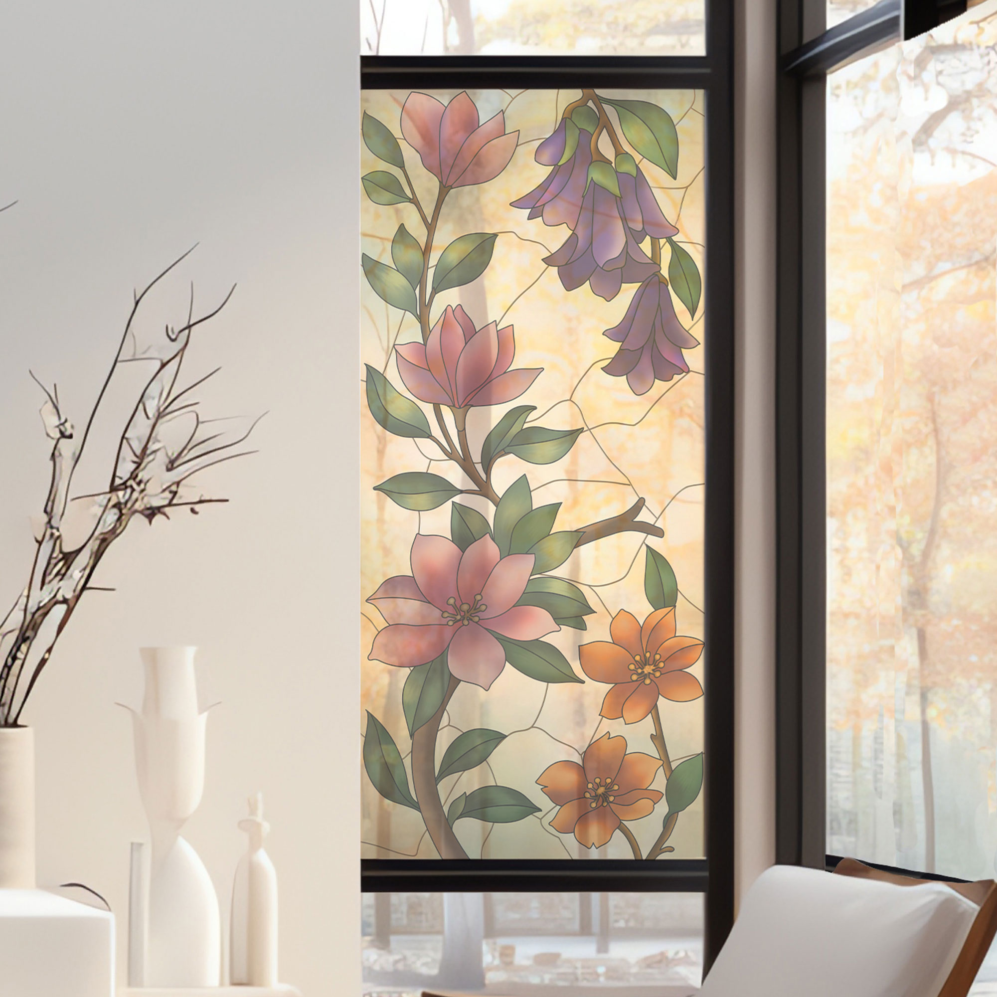 Stickers décoratifs électrostatique - Grandiflore, Fleurs, Effet vitrail - 150x67,5 cm Stickers décoratifs électrostatique - Grandiflore, Fleurs, Effet vitrail - 150x67,5 cm