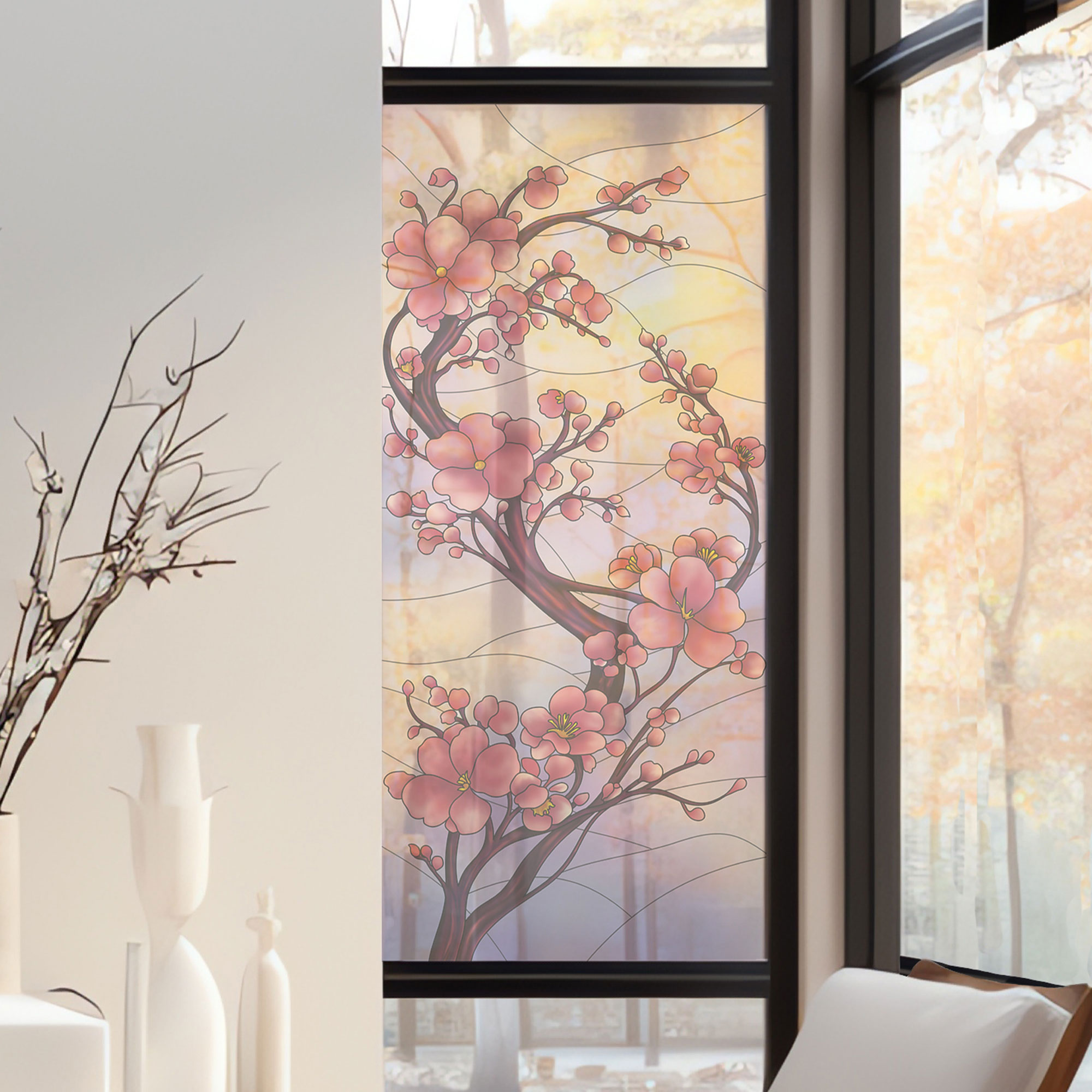 Stickers décoratifs électrostatique - Fleurs de cerisier, Effet vitrail - 150x67,5 cm Stickers décoratifs électrostatique - Fleurs de cerisier, Effet vitrail - 150x67,5 cm
