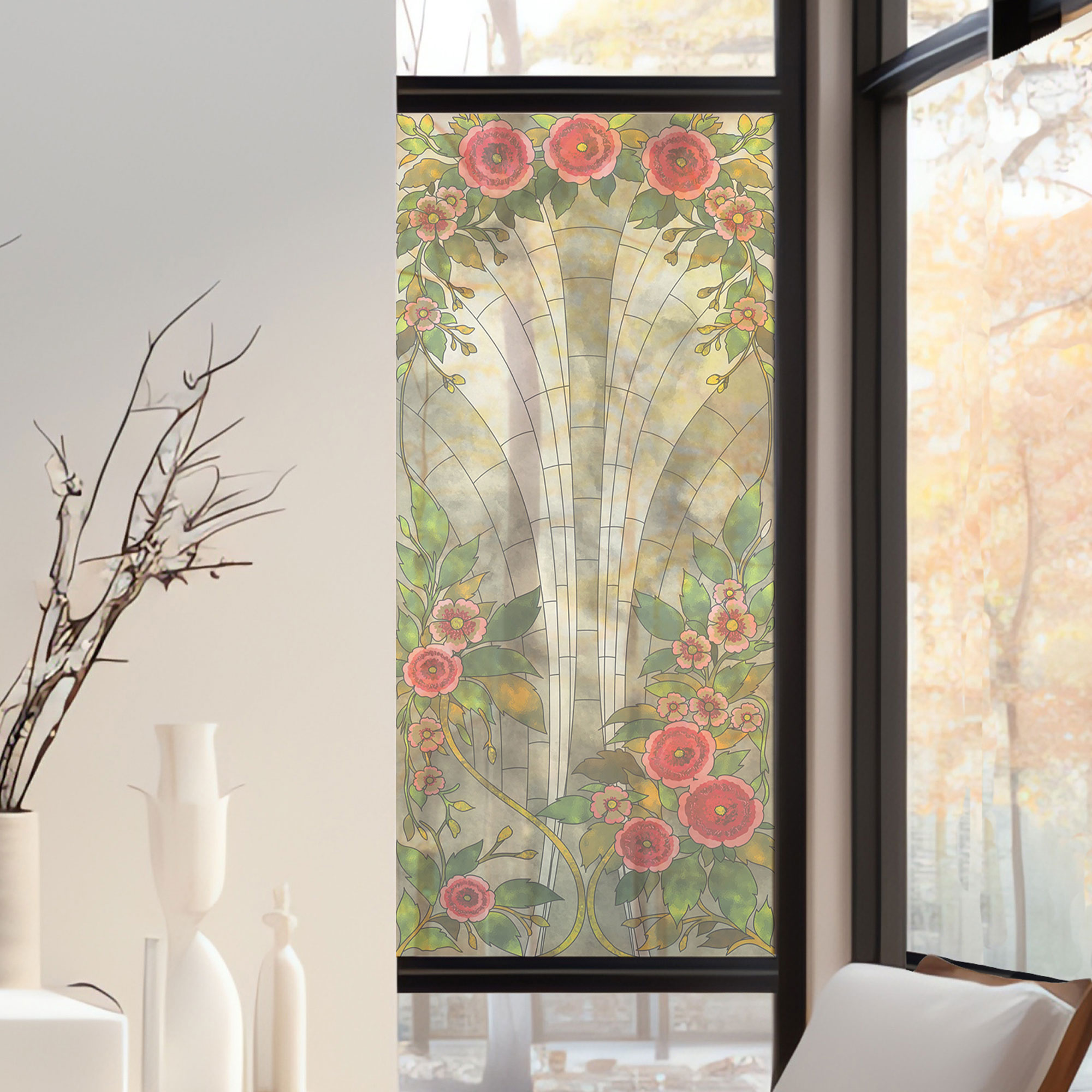 Stickers décoratifs électrostatique - Verrière camélia, Effet vitrail - 150x67,5 cm Stickers décoratifs électrostatique - Verrière camélia, Effet vitrail - 150x67,5 cm