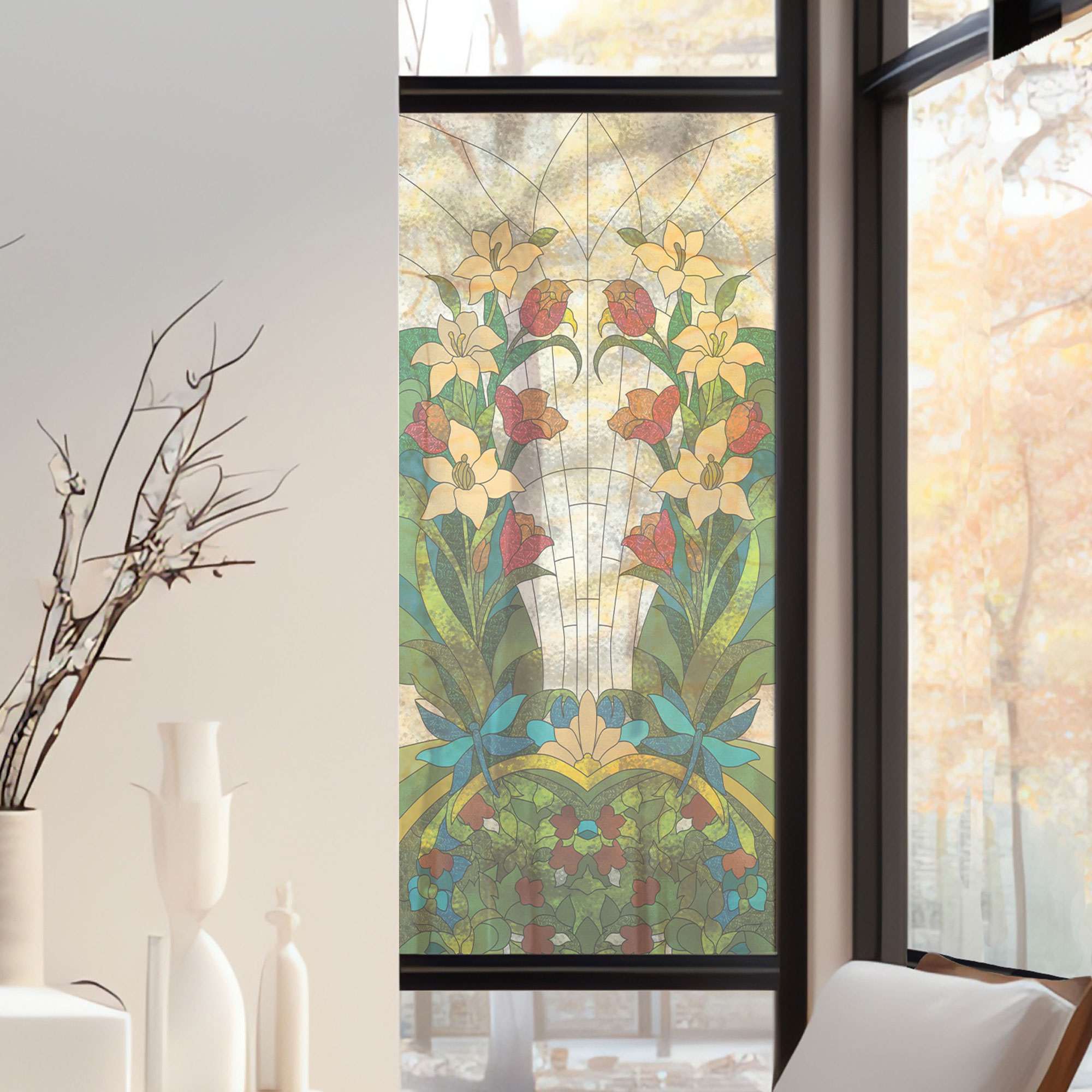Stickers décoratifs électrostatique - Verrière fleurie, Effet vitrail - 150x67,5 cm Stickers décoratifs électrostatique - Verrière fleurie, Effet vitrail - 150x67,5 cm