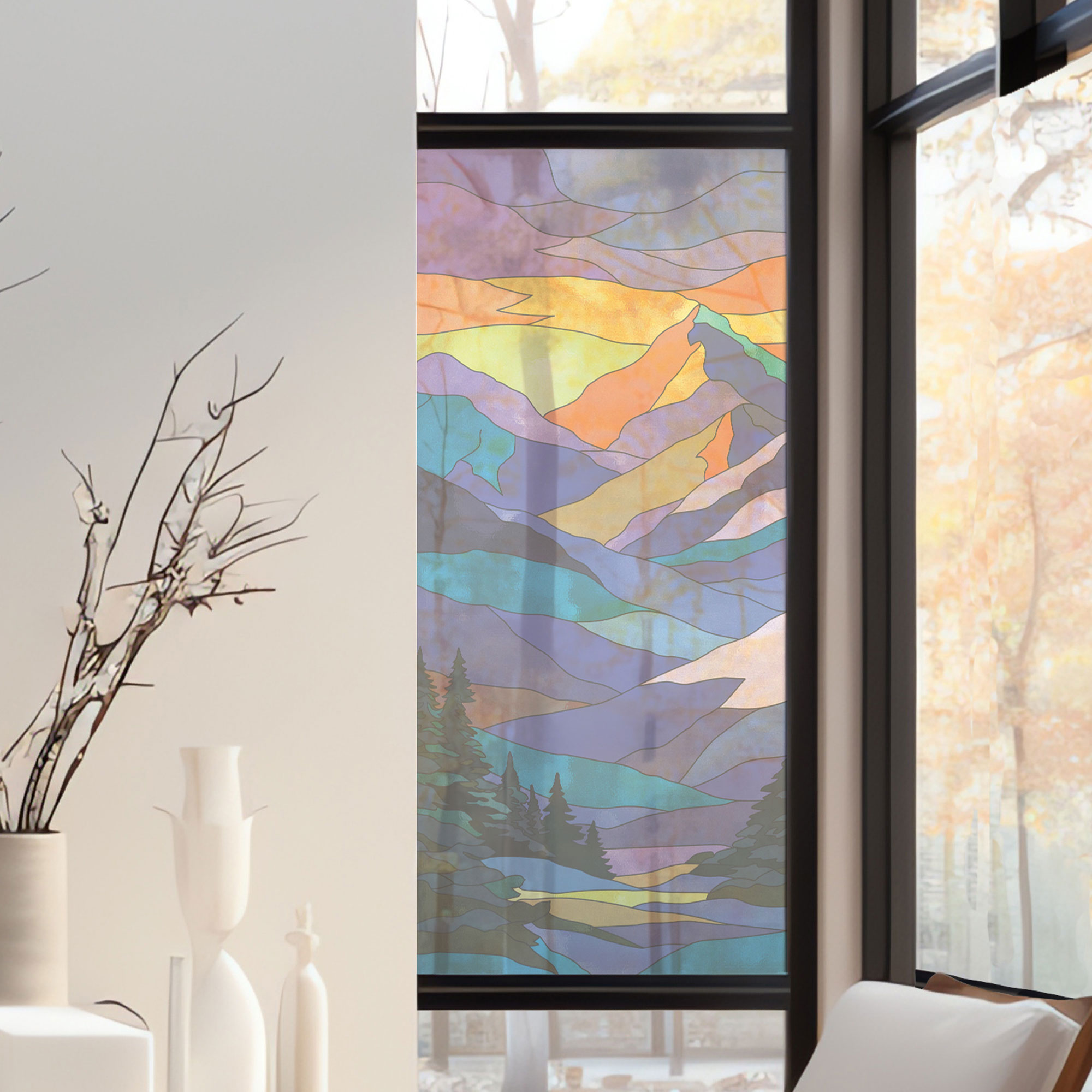 Stickers décoratifs électrostatique - Coucher de soleil, Effet vitrail - 150x67,5 cm Stickers décoratifs électrostatique - Coucher de soleil, Effet vitrail - 150x67,5 cm