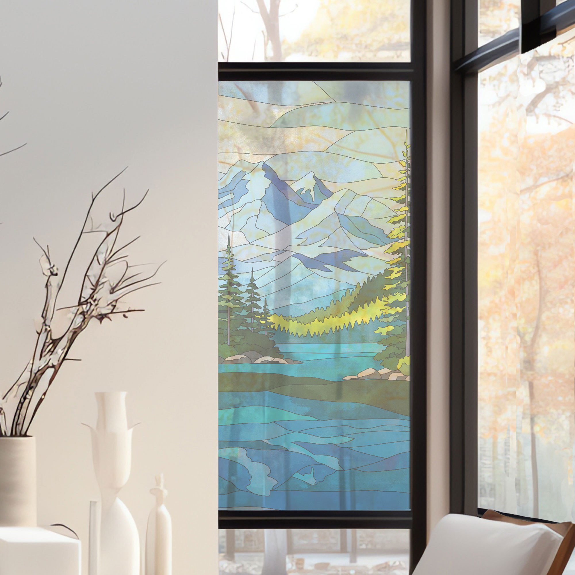 Stickers décoratifs électrostatique - Lac Montagne, Effet vitrail - 150x67,5 cm Stickers décoratifs électrostatique - Lac Montagne, Effet vitrail - 150x67,5 cm