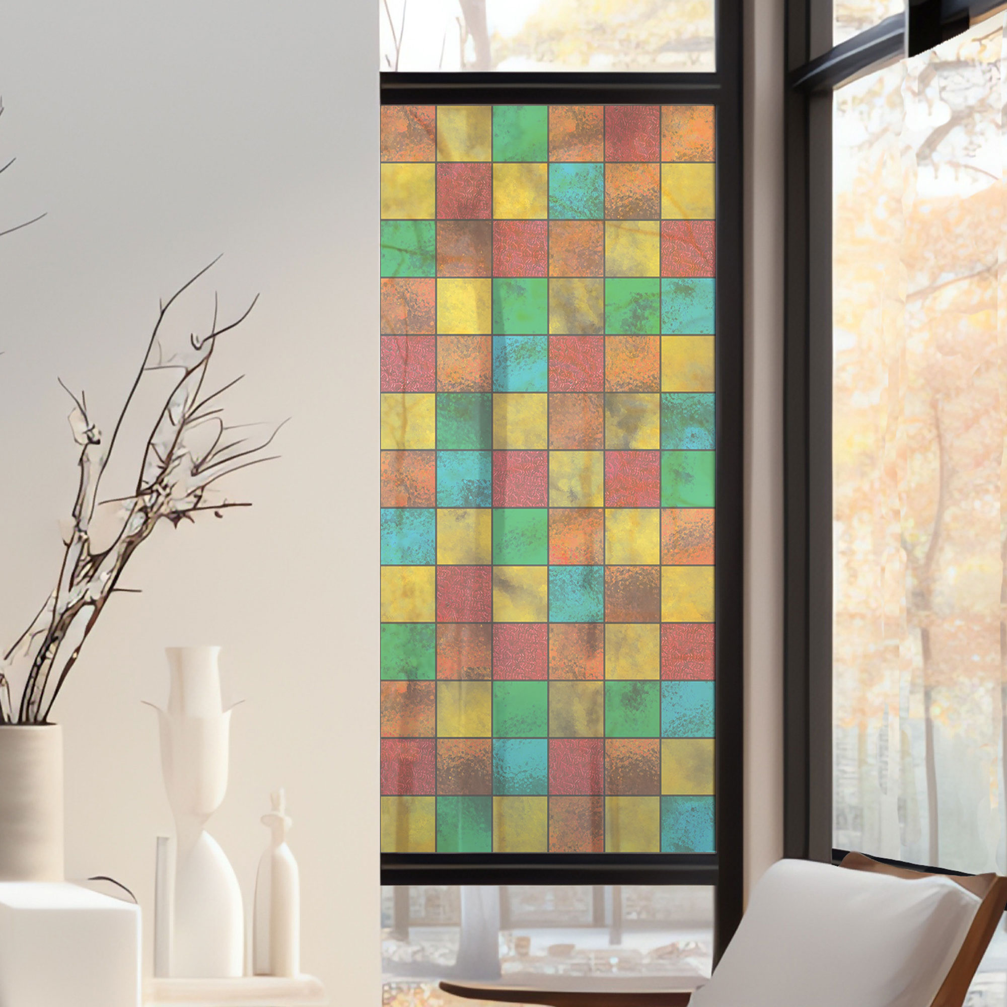 Stickers décoratifs électrostatique - Petits carrés multicolore, raccordable, effet vitrail - 150x67,5 cm Stickers décoratifs électrostatique - Petits carrés multicolore, raccordable, effet vitrail - 150x67,5 cm
