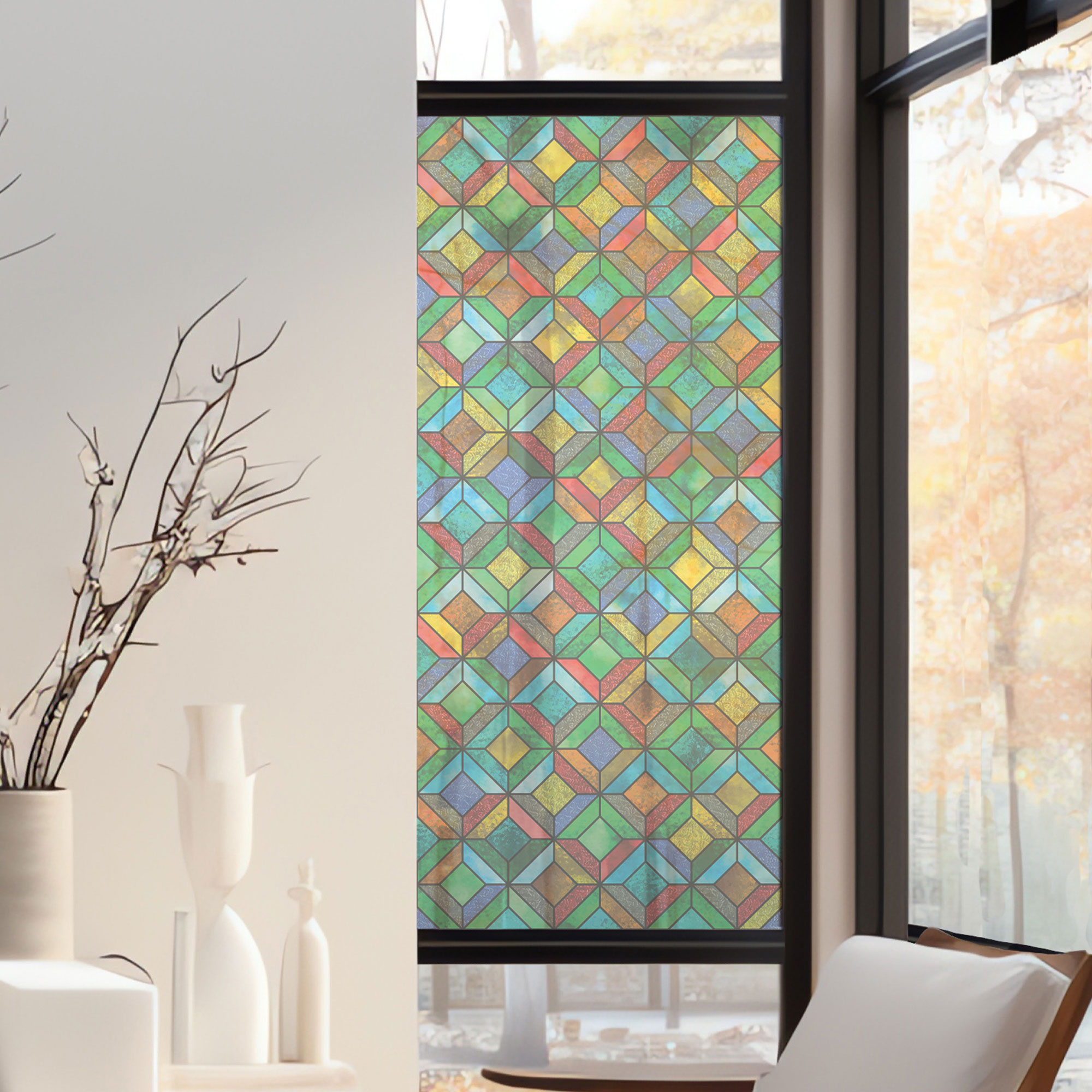 Stickers décoratifs électrostatique - Losanges multicolores, raccordable, effet vitrail - 150x67,5 cm Stickers décoratifs électrostatique - Losanges multicolores, raccordable, effet vitrail - 150x67,5 cm