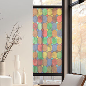 Stickers décoratifs électrostatique - Octogones multicolores, raccordable, effet vitrail - 150x67,5 cm