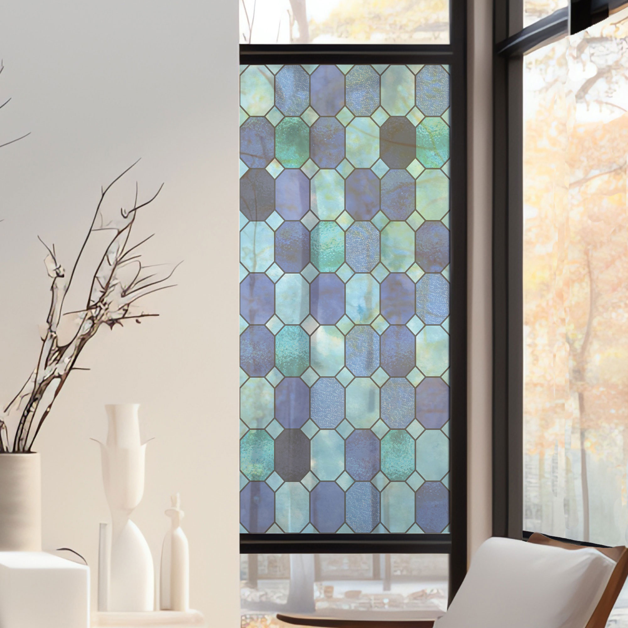 Stickers décoratifs électrostatique - Octogones bleu, raccordable, effet vitrail - 150x67,5 cm Stickers décoratifs électrostatique - Octogones bleu, raccordable, effet vitrail - 150x67,5 cm