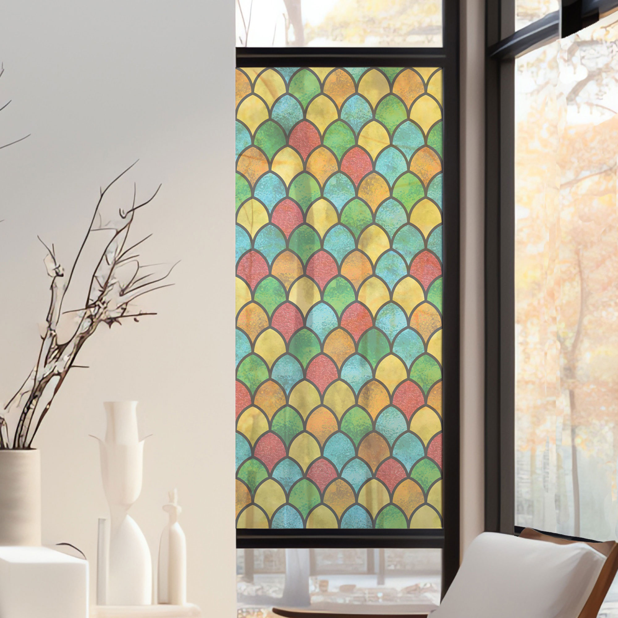 Stickers décoratifs électrostatique - Ecailles multicolores, raccordable, effet vitrail - 150x67,5 cm Stickers décoratifs électrostatique - Ecailles multicolores, raccordable, effet vitrail - 150x67,5 cm