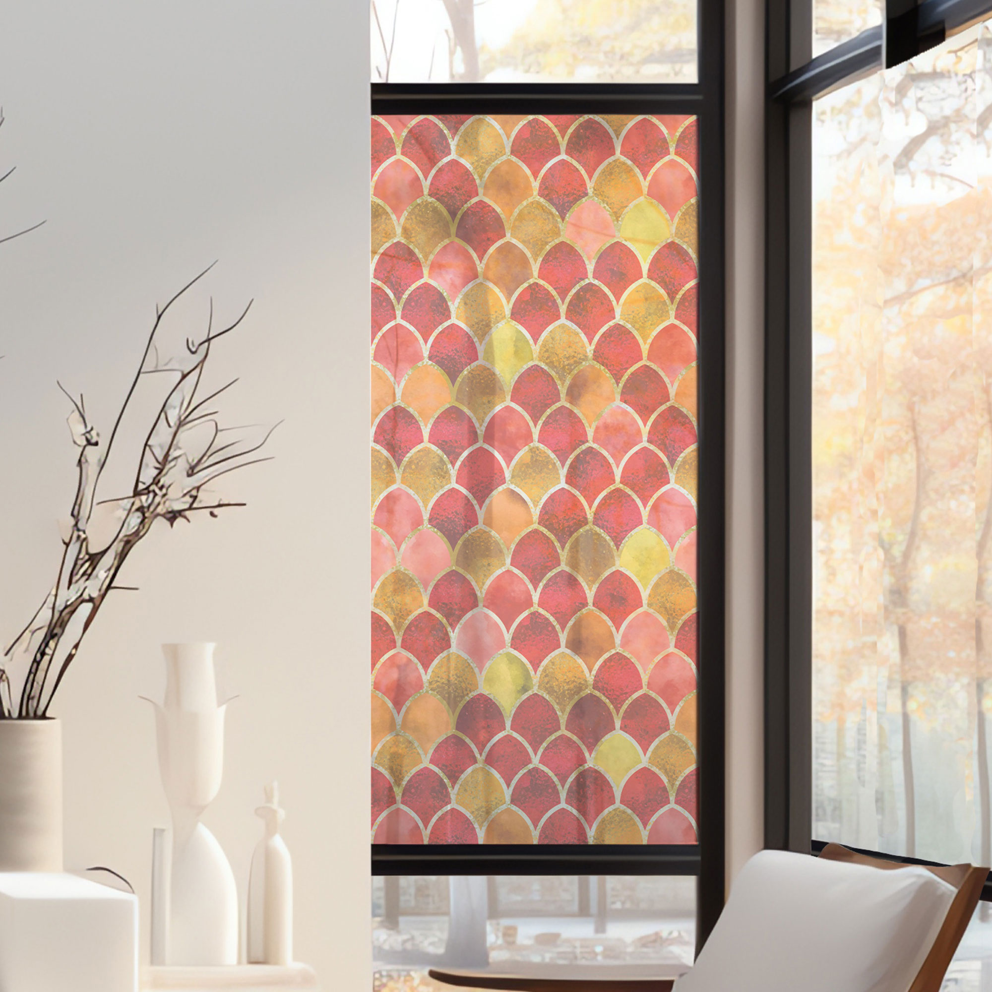 Stickers décoratifs électrostatique - Ecailles, rouge, jaune, raccordable, effet vitrail - 150x67,5 cm Stickers décoratifs électrostatique - Ecailles, rouge, jaune, raccordable, effet vitrail - 150x67,5 cm