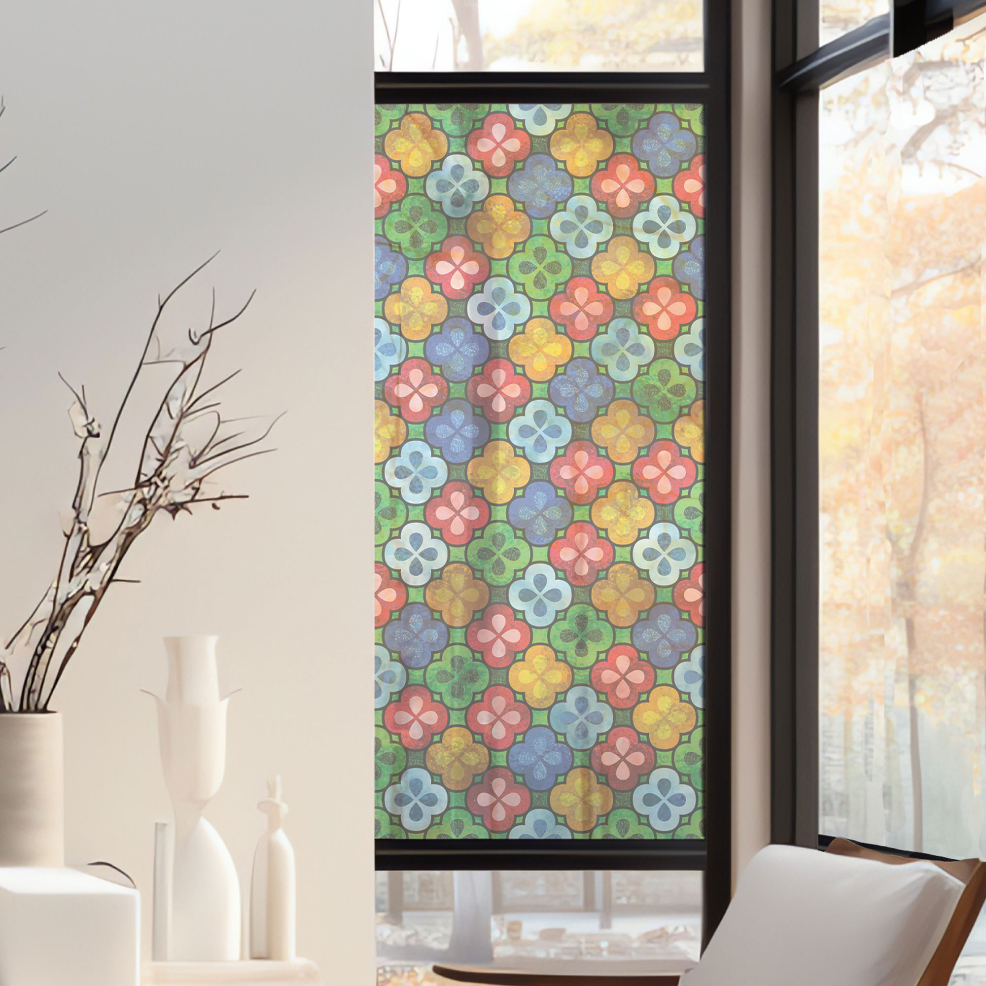 Stickers décoratifs électrostatique - Quadrilobes multicolores, raccordable, effet vitrail - 150x67,5 cm Stickers décoratifs électrostatique - Quadrilobes multicolores, raccordable, effet vitrail - 150x67,5 cm